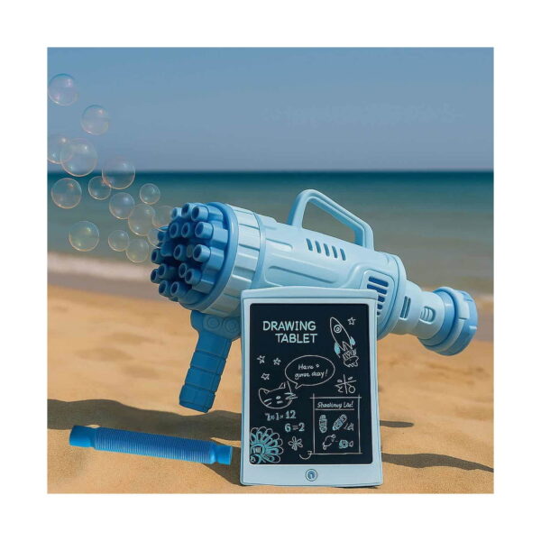 set-calatorul-3-in-1-continut Set Călătorul 3 în 1, cele trei produse ale setului pe nisip, lângă mare: pistolul de baloane