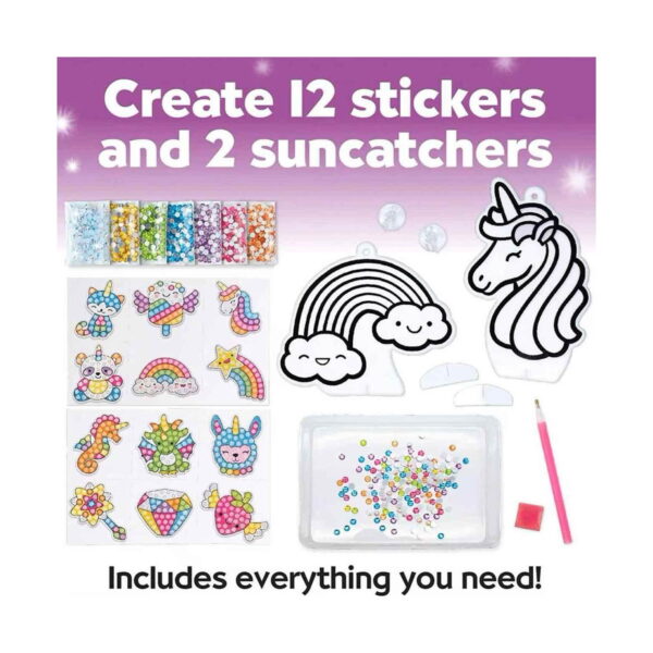 Set creativ cu pictură cu diamante, infografic în engleză, Create 12 stickers and 2 suncatchers, cu benzi de pietricele