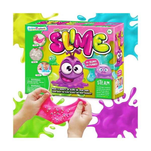 set-creativ-cu-slime-verde-ambalaj Set creativ cu slime, cutia verde Science Explore SLIME pe fundal cu stropi verzi și mov