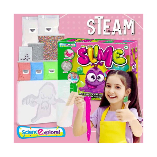 set-creativ-cu-slime-verde-continut-2 Set creativ cu slime, grafic roz cu textul STEAM: fetiță cu șorț galben ține slime roz și face semnul aprobării, lângă cutie