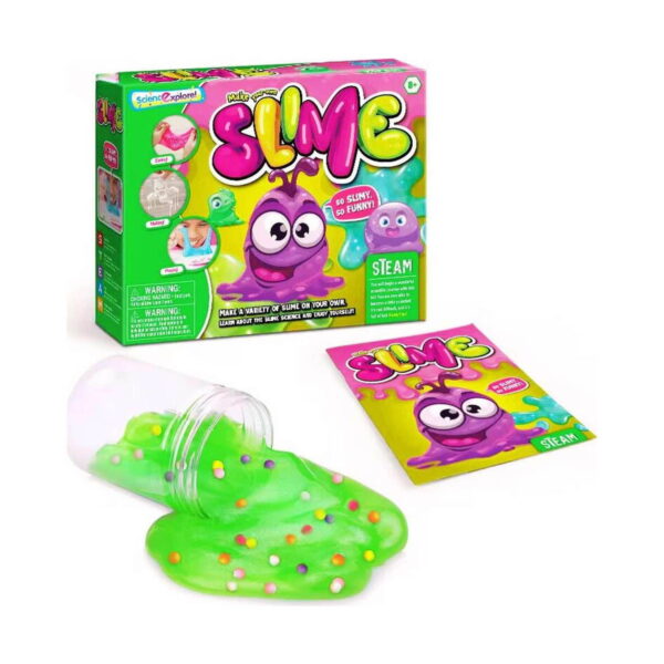 set-creativ-cu-slime-verde-continut-3 Set creativ cu slime, cutia verde SLIME, slime verde cu bile colorate revărsat dintr-un borcan transparent și o broșură mică