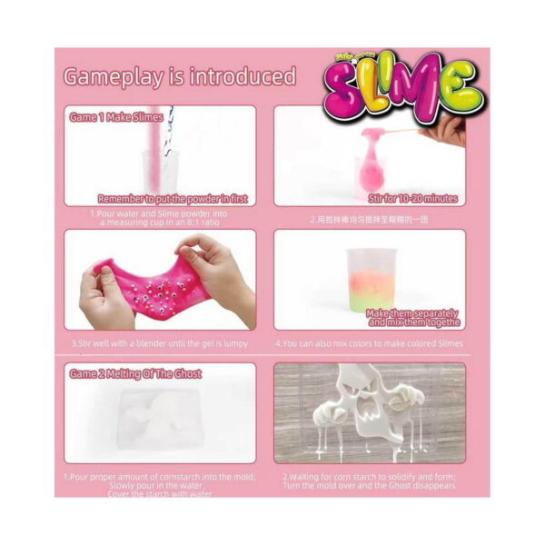 set-creativ-cu-slime-verde-instructiuni Set creativ cu slime, infografic roz Gameplay is introduced, cu pași ilustrați: amestecare, întindere