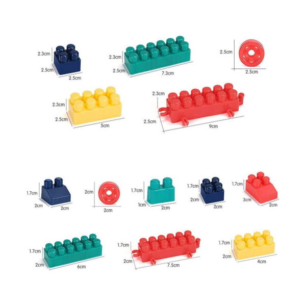 set-creativ-de-constructie-cu-blocuri-dimensiuni-2 Set creativ de construcție cu blocuri, piese individuale și roți pe fundal alb, fiecare cotată în centimetri