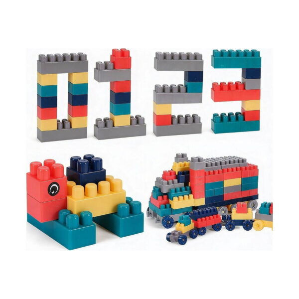 set-creativ-de-constructie-cu-blocuri-utilizare-5 Set creativ de construcție cu blocuri, fundal alb, cifrele 0-3 construite din blocuri și două modele colorate dedesubt