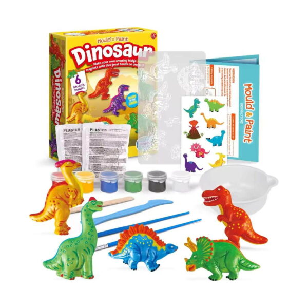 set-creativ-dinozauri-pentru-pictat-continut Set creativ dinozauri pentru pictat, cutia, matrița transparentă, pliculețe de ipsos, instrucțiuni, bol, șase vopsele