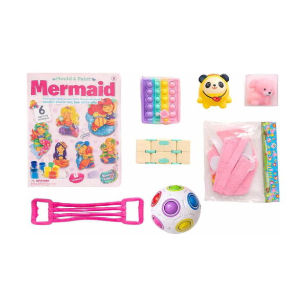 Set creativ Fantezie și creativitate, prezentare pe alb: kit Mermaid, Pop It pastel, panda squishy galben