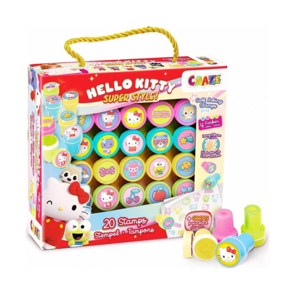 Set creativ Hello Kitty 3 în 1, cutia Hello Kitty Super Style cu mâner din șnur galben și 20 de ștampile în interior; în față