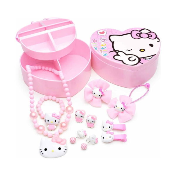 Set creativ Hello Kitty 3 în 1, casetă roz din două părți, cu capac în formă de inimă cu Hello Kitty