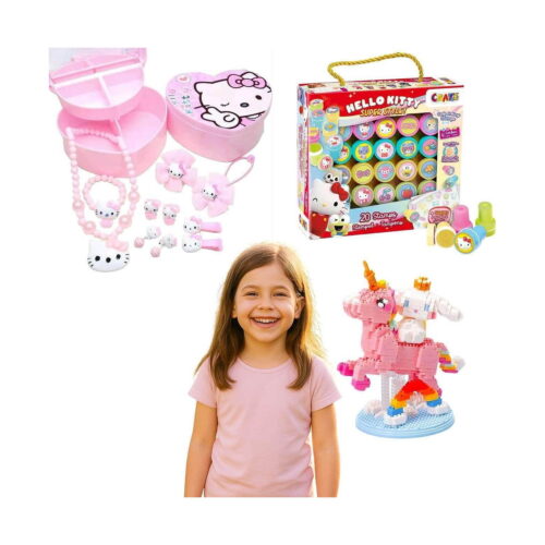 set-creativ-hello-kitty-3-in-1-continut Set creativ Hello Kitty 3 în 1, colaj: casetă roz cu bijuterii deschisă, fetiță zâmbind în tricou roz