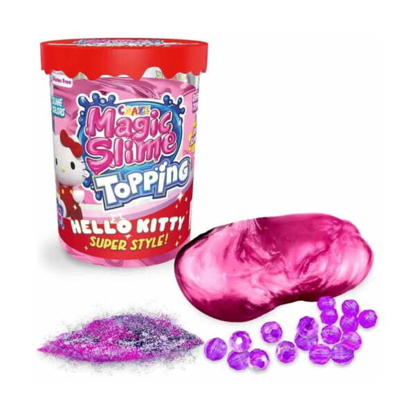 Set creativ Hello Kitty 3 în 1: Pop It, borcan Magic Slime Topping Hello Kitty cu capac roșu, slime roz metalizat