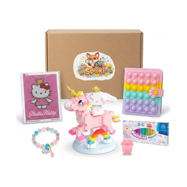 set-creativ-hello-kitty-continut Set creativ Hello Kitty, cutia Spoki, tabloul mozaic Hello Kitty, unicornul cu personaj alb, caiet Pop It pastel, plastilină