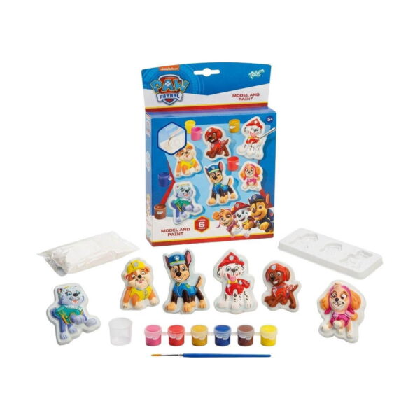 Set creativ Paw Patrol cu 4 activități, cutia albastră Paw Patrol, pungă cu gips, matriță albă, recipient pentru apă