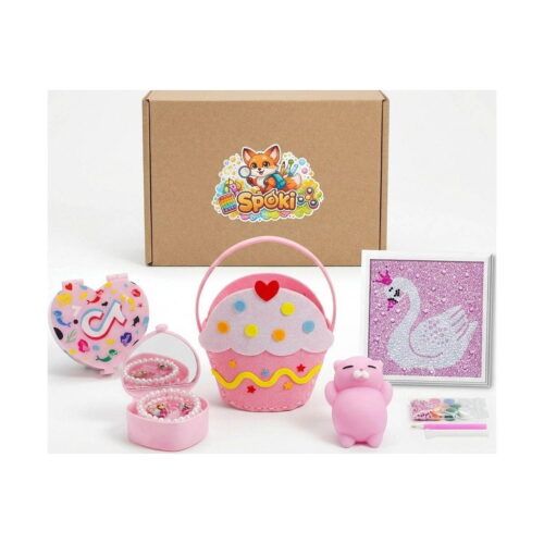 set-creativ-tablou-cu-diamante-lebada-jucarie-squishy-accesorii-continut-2 Set creativ, cutie Spoki, tabloul cu lebăda, coșul cupcake din fetru, obiectul inimă TikTok