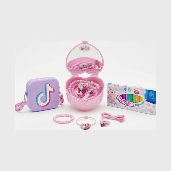 set-creativ-tik-tok-bijuterii-plastilina-geanta-lila-continut-2 Set Creativ Tik Tok, Geanta mov TikTok, cutiuța inimă roz deschisă cu bijuterii, cutia Plastelina închisă, brățară, inel