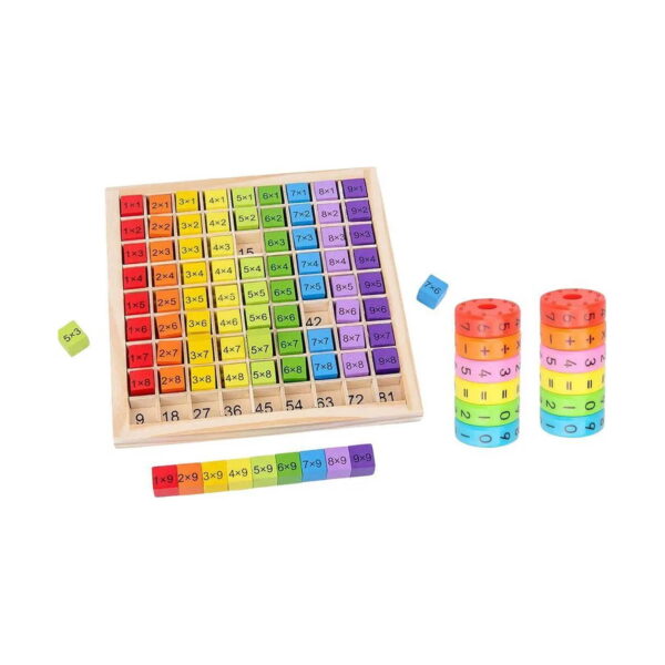 Set de joc Matematică 3 în 1, tabla din lemn 9×9 cu cuburi colorate, doi cilindri din inele rotative și un rând de cuburi