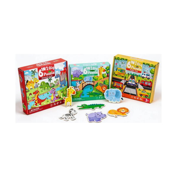 set-cu-3-puzzle-uri-educative-3 Set cu 3 puzzle-uri educative, cele trei cutii tematice aliniate și mai multe piese de puzzle cu animale așezate în față