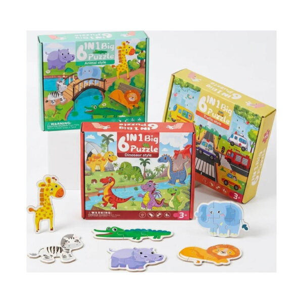 set-cu-3-puzzle-uri-educative-4 Set cu 3 puzzle-uri educative, cele trei cutii (Animal style, Dinosaur style și cea cu vehicule) cu puzzle-uri de animale