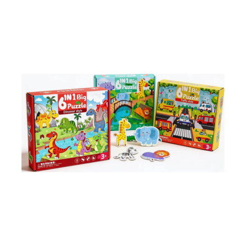 Set cu 3 puzzle-uri educative, trei cutii 6 IN 1 Big Puzzle aliniate (dinozauri, animale, vehicule)