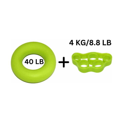Set cu inel elastic pentru strângere și bandă pentru degete, compoziție pe fundal alb: inel de silicon verde-lime