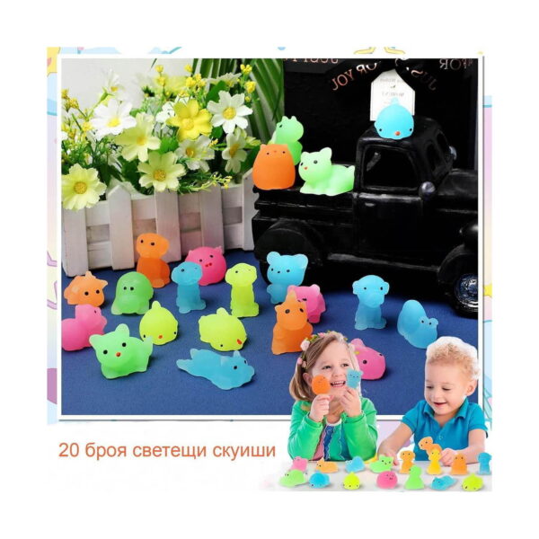 set-de-20-de-jucarii-squishy-luminoase-utilizare-3 Set de 20 de jucării squishy luminoase, figurine squishy expuse lângă un camion decorativ negru și flori