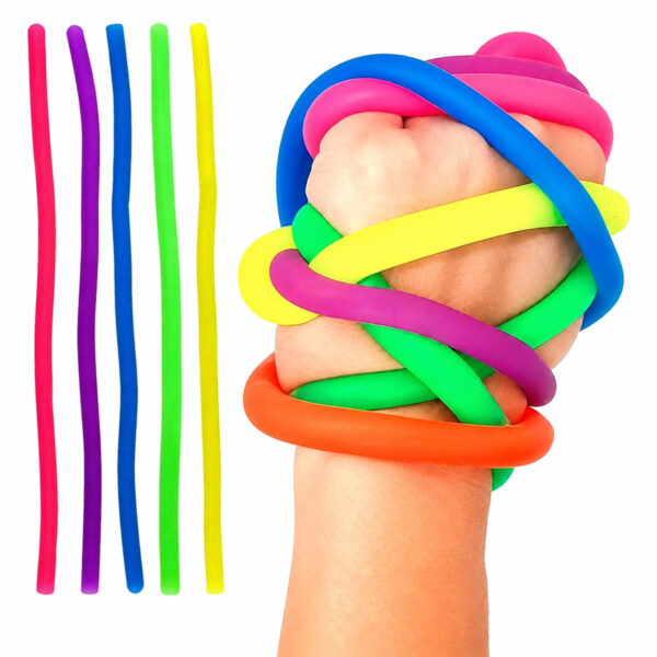 Set de 5 corzi elastice Monkey Noodles, cinci corzi elastice drepte aliniate în stânga și corzi colorate înfășurate în jurul