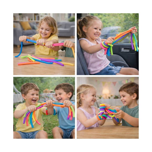 Set de 5 corzi elastice Monkey Noodles, colaj din patru cadre cu copii care întind și trag corzile elastice colorate în casă