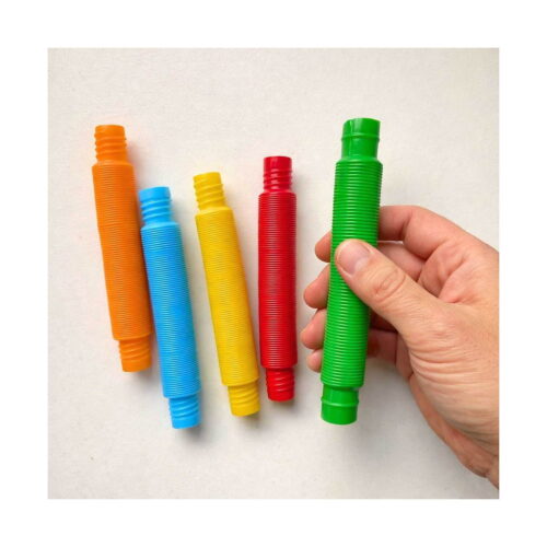 Set de 5 Fidget Pop Tubes mici, cinci tuburi mici (portocaliu, albastru, galben, roșu, verde) pe fundal deschis