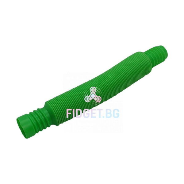 set-de-5-fidget-pop-tubes-mici-detaliu-3 Set de 5 Fidget Pop Tubes mici, un singur tub verde, întins, fotografiat în diagonală pe fundal alb