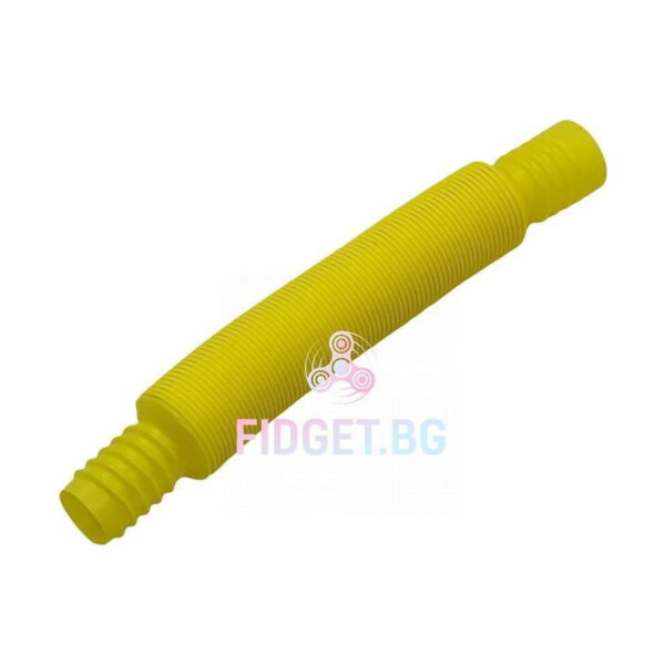 set-de-5-fidget-pop-tubes-mici-detaliu Set de 5 Fidget Pop Tubes mici, un singur tub galben, întins complet, fotografiat în diagonală pe fundal alb