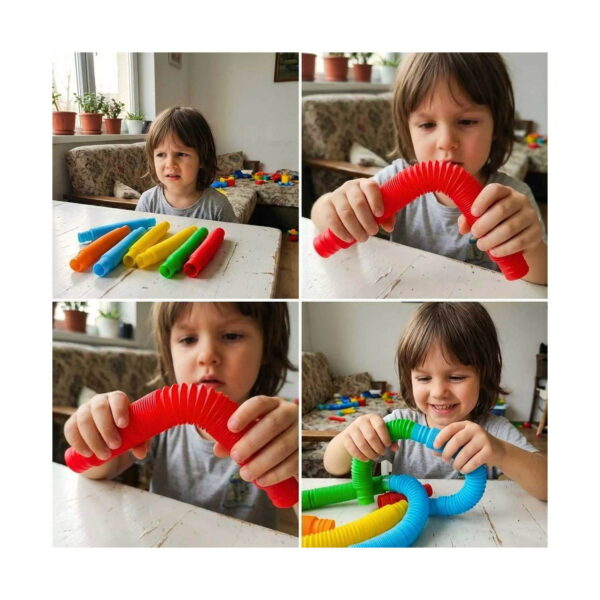 set-de-5-fidget-pop-tubes-mici-utilizare-2 Set de 5 Fidget Pop Tubes mici, colaj din patru cadre cu un copil care întinde