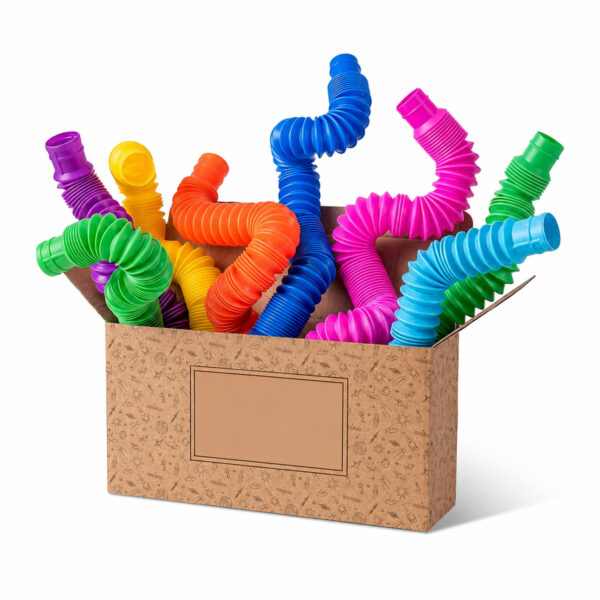 Set de 7 Pop Tubes mari, cutie de carton cu sigla FIDGET.BG, plină cu tuburi Pop Tube mari în verde, mov, portocaliu