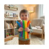 Set de 7 Pop Tubes mari, băiețel zâmbitor în sufragerie, ținând în brațe mai multe tuburi Pop Tube mari, colorate