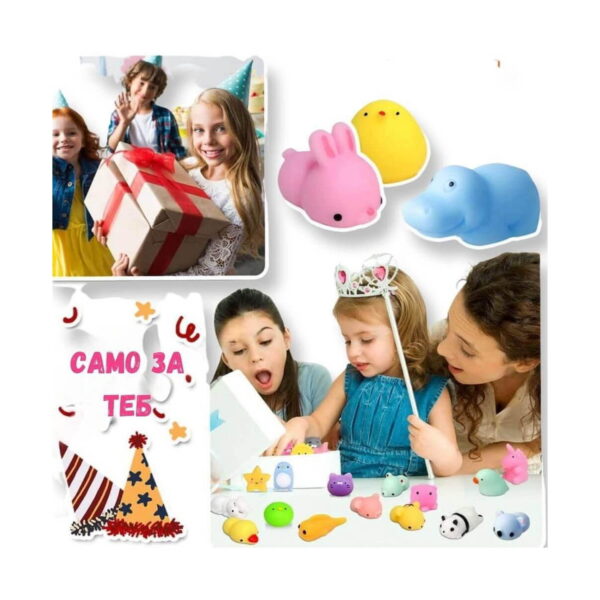 Set de 8 jucării squishy pisicuță, colaj promoțional cu copii care deschid cadouri, text