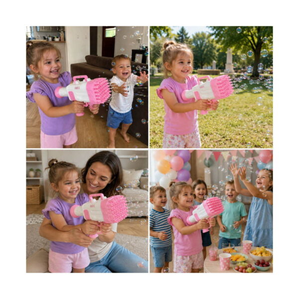 set-de-aventura-play-15-in-1-utilizare-3 Set Sari și Zboară 11 în 1, fetiță în parc care ține pistolul roz de baloane, iar un copil mic aleargă spre baloane