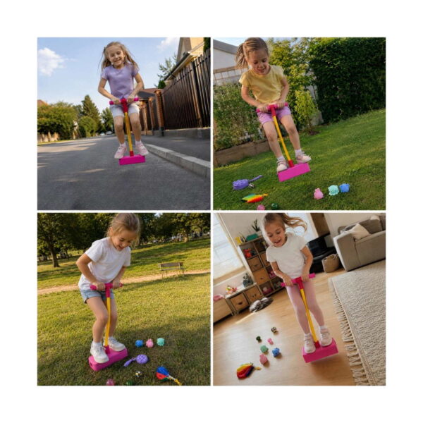 set-de-aventura-play-15-in-1-utilizare-5 Set Sari și Zboară 11 în 1, fetiță care sare pe o săritoare tip pogo cu mâner roz, corzi elastice galbene și bază din spumă roz