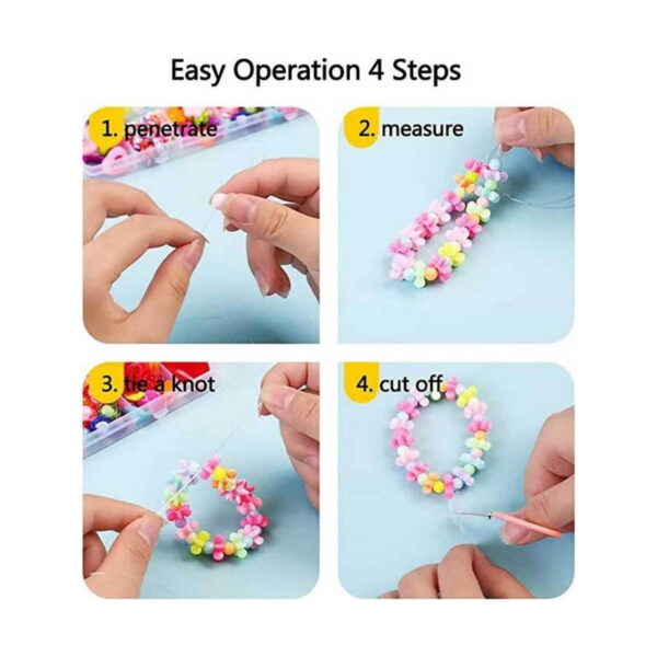 Set de bijuterii, grafic easy operation 4 steps cu mâini care trec ața prin mărgele, măsoară