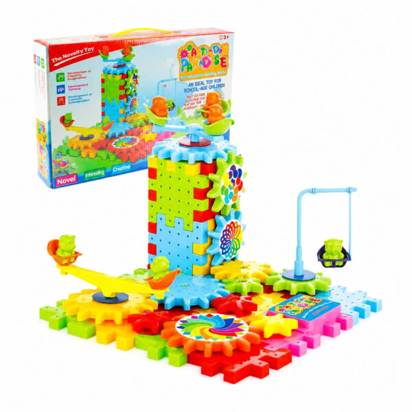 set-de-constructie-3d-mecanisme-utilizare Set de construcție 3D mecanisme, cutia setului în fundal și construcția asamblată cu turn cu roți dințate, leagăn