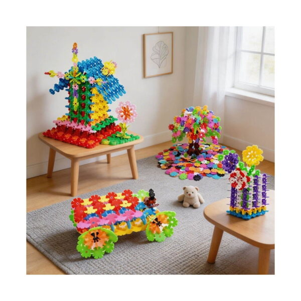 set-de-constructie-stea-utilizare Set de construcție stea, cameră de joacă luminoasă cu patru construcții din discuri colorate tip fulg: o mașină, un copac
