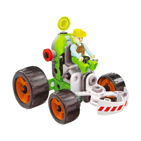 set-de-constructie-stem-masini-agricole-3-in-1-detaliu Set de construcție STEM mașini agricole 3 în 1, tractor verde-gri pe patru roți, cu element frontal gri
