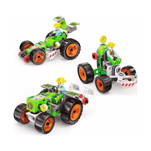 set-de-constructie-stem-masini-agricole-3-in-1-utilizare-2 Set de construcție STEM mașini agricole 3 în 1, trei modele verzi asamblate din același set, buggy