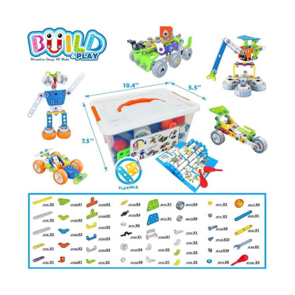 set-de-constructie-stem-mijloace-de-transport-10-in-1-continut Set de construcție STEM Mijloace de transport 10 în 1, grafic BUILD&PLAY cu cutia transparentă cu mâner portocaliu