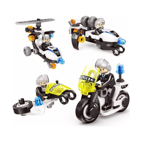set-de-constructie-stem-politie-4-in-1-utilizare-3 Set de construcție STEM poliție 4 în 1, montaj pe fundal alb cu patru modele de poliție: vehicul cu rotor