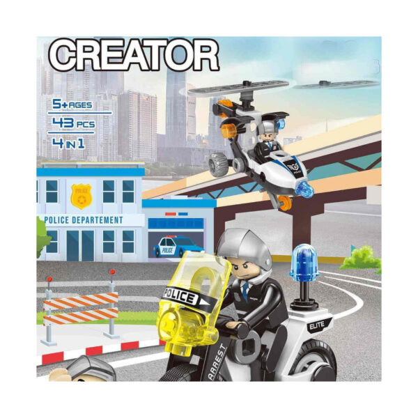 set-de-constructie-stem-politie-4-in-1-utilizare-5 Set de construcție STEM poliție 4 în 1, grafică de ambalaj CREATOR cu o secție de poliție desenată