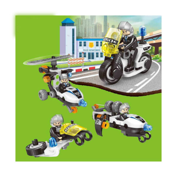 set-de-constructie-stem-politie-4-in-1-utilizare-6 Set de construcție STEM poliție 4 în 1, montaj pe fundal verde cu ilustrația unei secții de poliție și patru modele