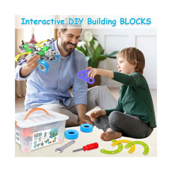 set-de-constructie-stem-tanar-inginer-10-in-1-utilizare-6 Set de construcție STEM Tânăr inginer 10 în 1, banner cu textul Interactive DIY Building BLOCKS