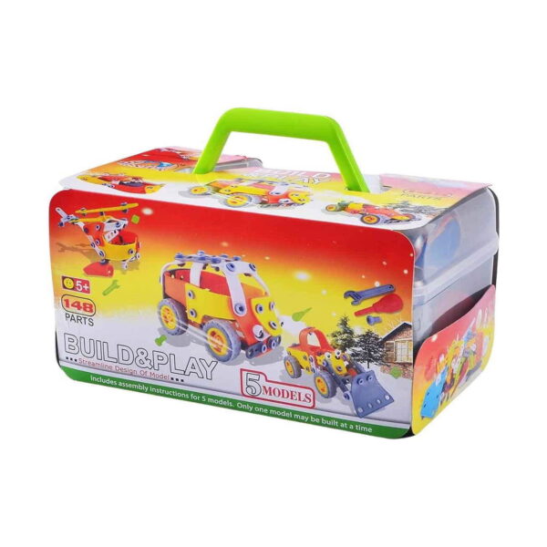 set-de-constructie-stem-technik-5-in-1-ambalaj Set de construcție STEM Technik 5 în 1, cutia metalică roșie BUILD&PLAY, cu mâner verde, marcaje 5+, 148 PARTS și 5 MODELS