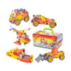set-de-constructie-stem-technik-5-in-1-continut Set de construcție STEM Technik 5 în 1, cele cinci modele portocalii asamblate și cutia metalică cu mâner verde