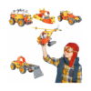 set-de-constructie-stem-technik-5-in-1-utilizare Set de construcție STEM Technik 5 în 1, băiat cu cască de pilot care ridică un elicopter portocaliu asamblat; în jur