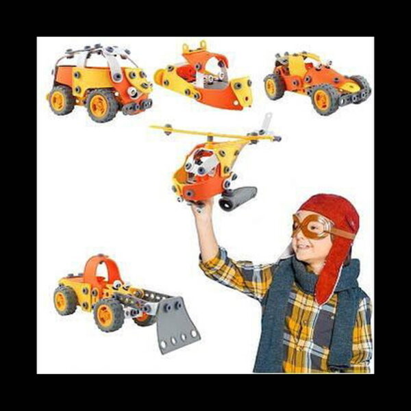 set-de-constructie-stem-technik-5-in-1-utilizare-2 Set de construcție STEM Technik 5 în 1, cu băiatul cu cască de pilot și cele cinci modele portocalii
