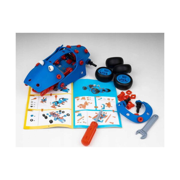 Set de construcție STEM Tineri inventatori, caroserie albastră fără roți, patru anvelope negre separate, manual deschis
